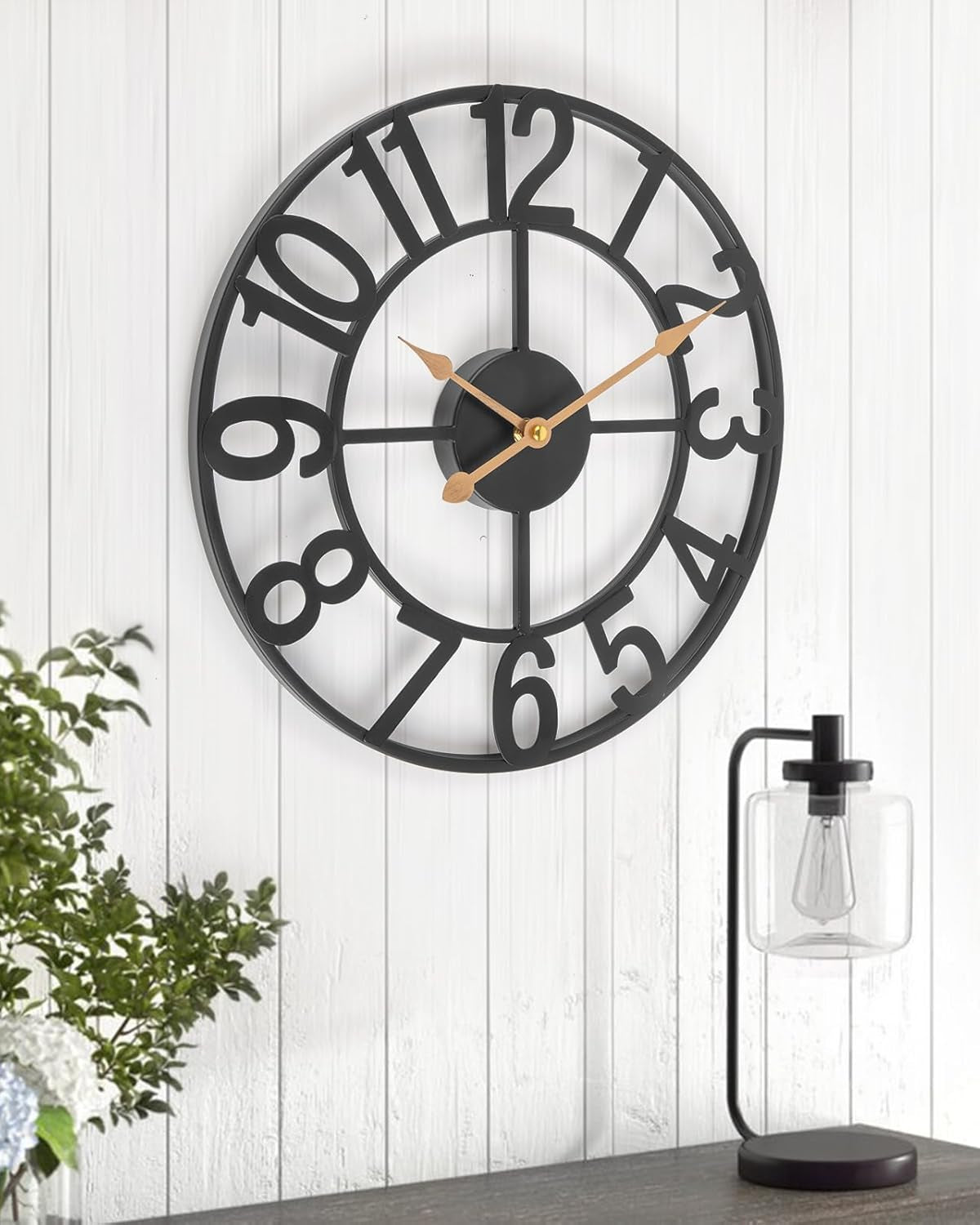 Modern Farmhouse Black Metal Wall Clock – Silent Battery Operated (Indoor/Outdoor, Large Analog Design)