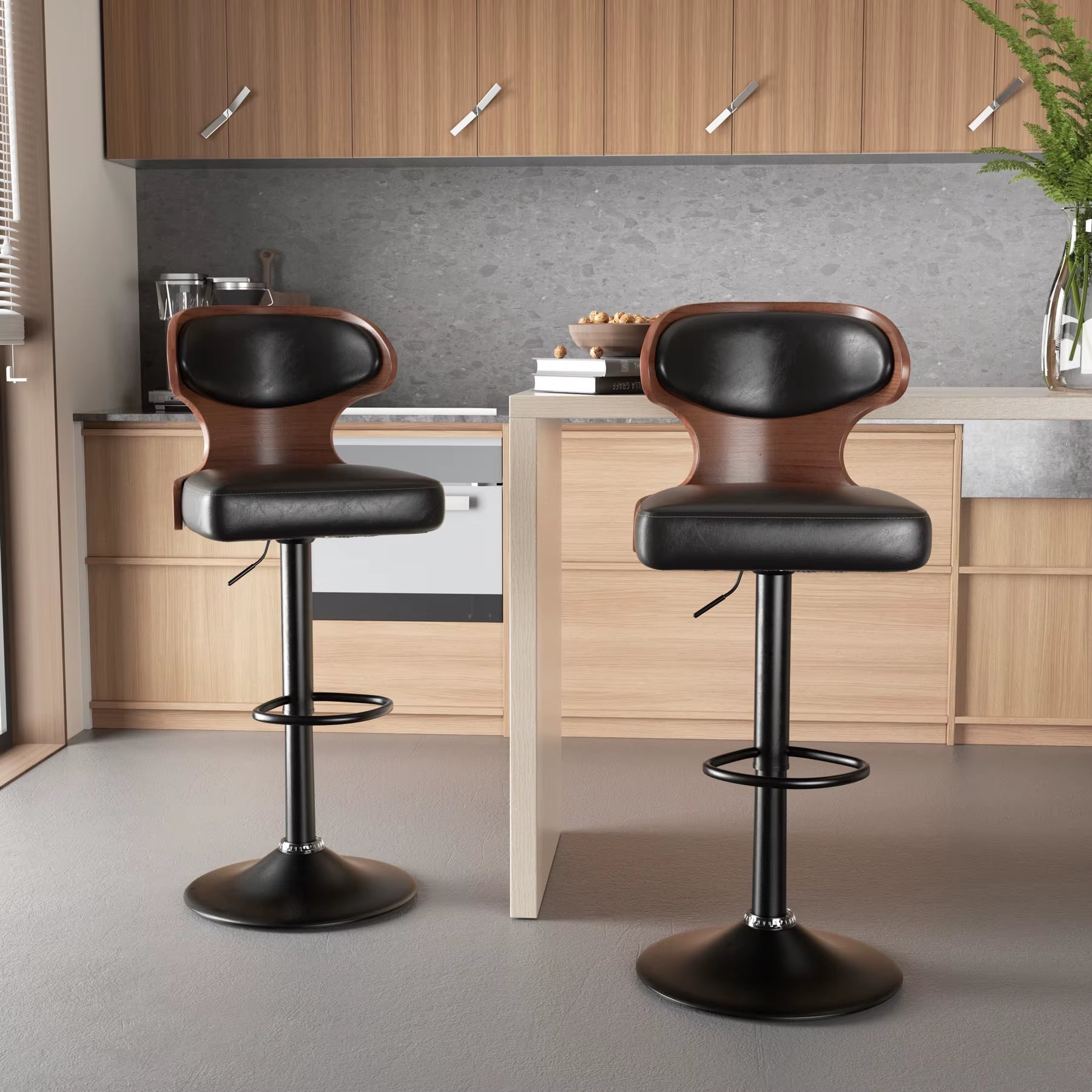 Bar Stool 2Pcs Set Backrest Footstool Dining Chair Solid Wood Rotating Bar Stools Pu Leather Soft Cushion Dinng Chair Home Furniture