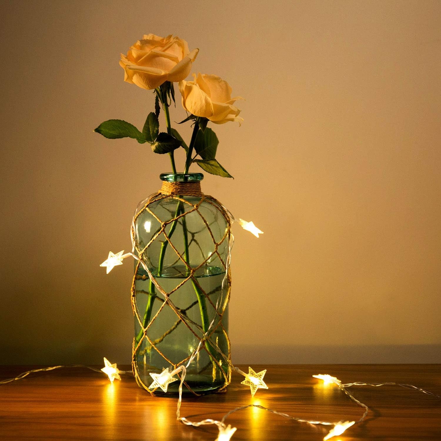 Rustic Glass Bottle Vase – Decorative Blue Flower Vase with Creative Rope Net (Large)