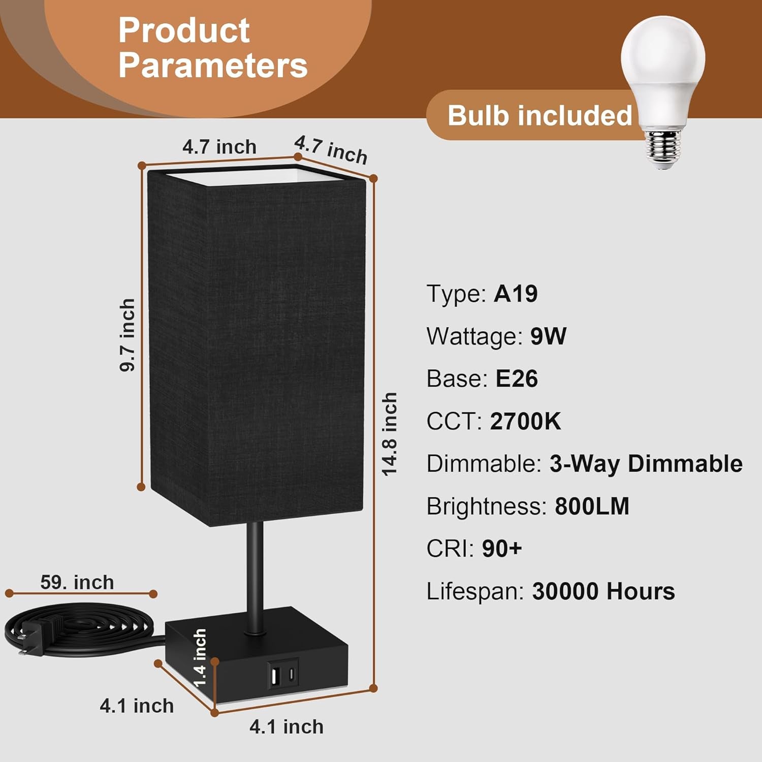 3-Way Dimmable Touch Table Lamp with USB Charging Ports – Black Bedside Lamp with Bulb Included