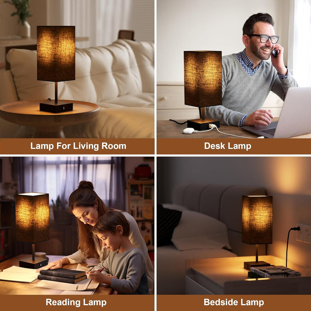 3-Way Dimmable Touch Table Lamp with USB Charging Ports – Black Bedside Lamp with Bulb Included