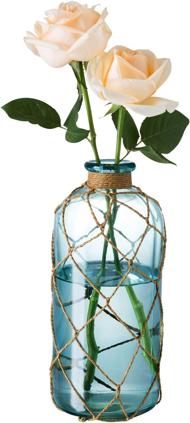 Rustic Glass Bottle Vase – Decorative Blue Flower Vase with Creative Rope Net (Large)