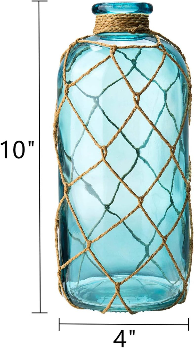Rustic Glass Bottle Vase – Decorative Blue Flower Vase with Creative Rope Net (Large)