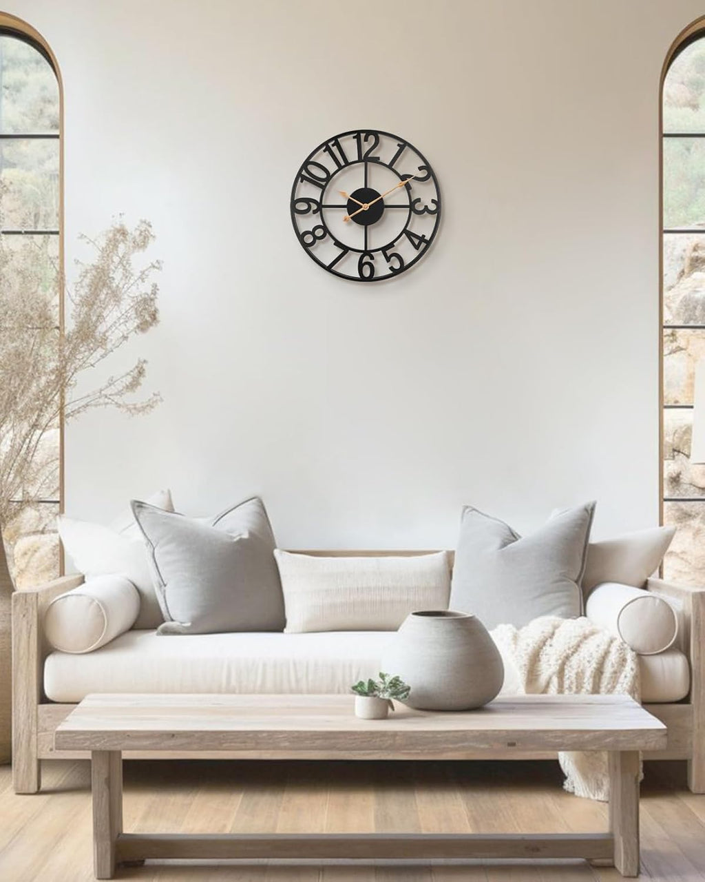 Modern Farmhouse Black Metal Wall Clock – Silent Battery Operated (Indoor/Outdoor, Large Analog Design)