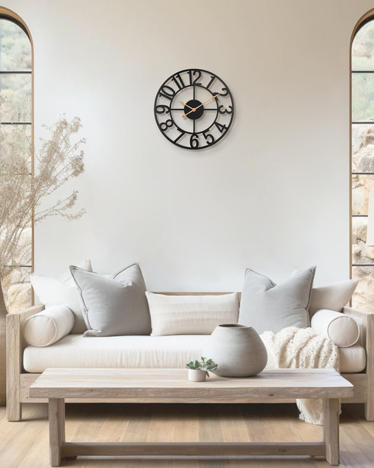 Modern Farmhouse Black Metal Wall Clock – Silent Battery Operated (Indoor/Outdoor, Large Analog Design)