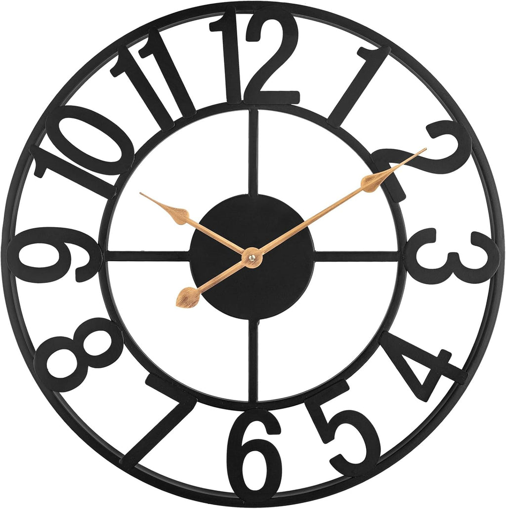Modern Farmhouse Black Metal Wall Clock – Silent Battery Operated (Indoor/Outdoor, Large Analog Design)