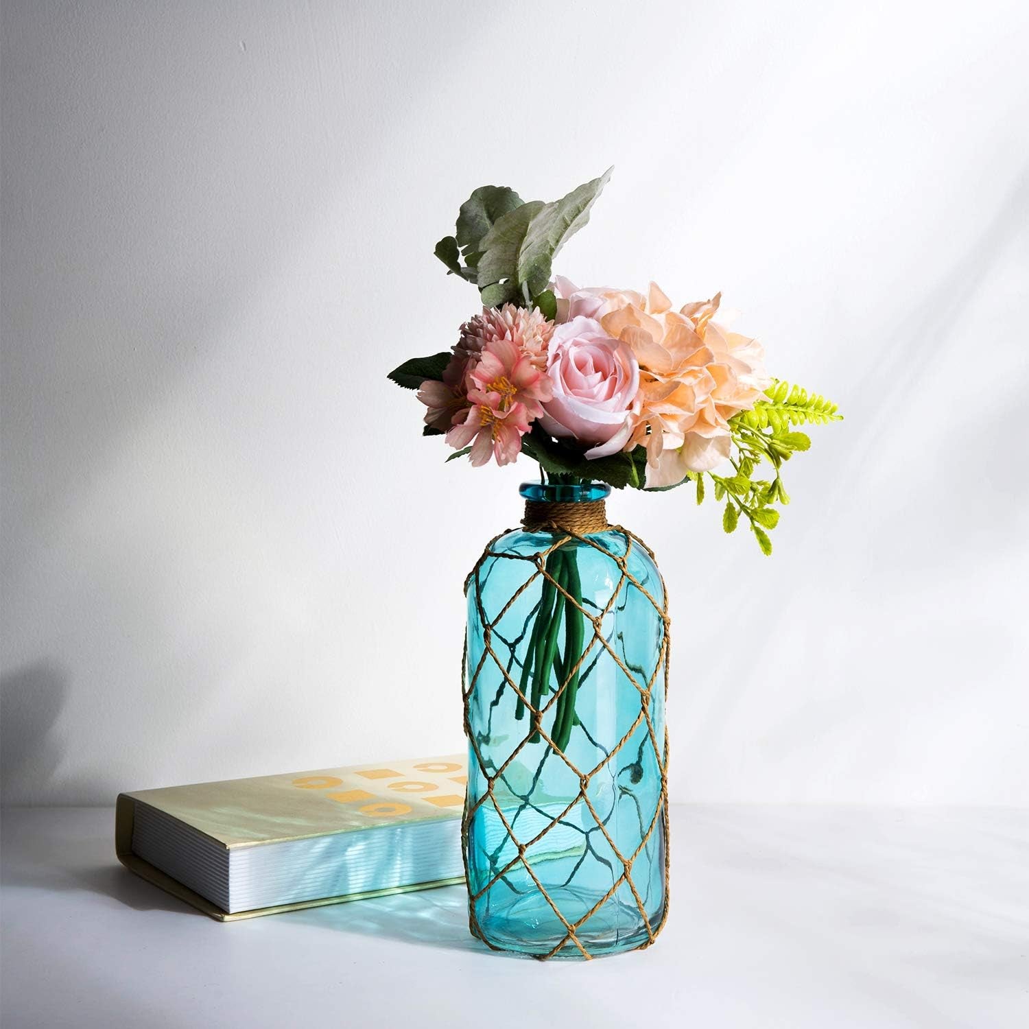 Rustic Glass Bottle Vase – Decorative Blue Flower Vase with Creative Rope Net (Large)