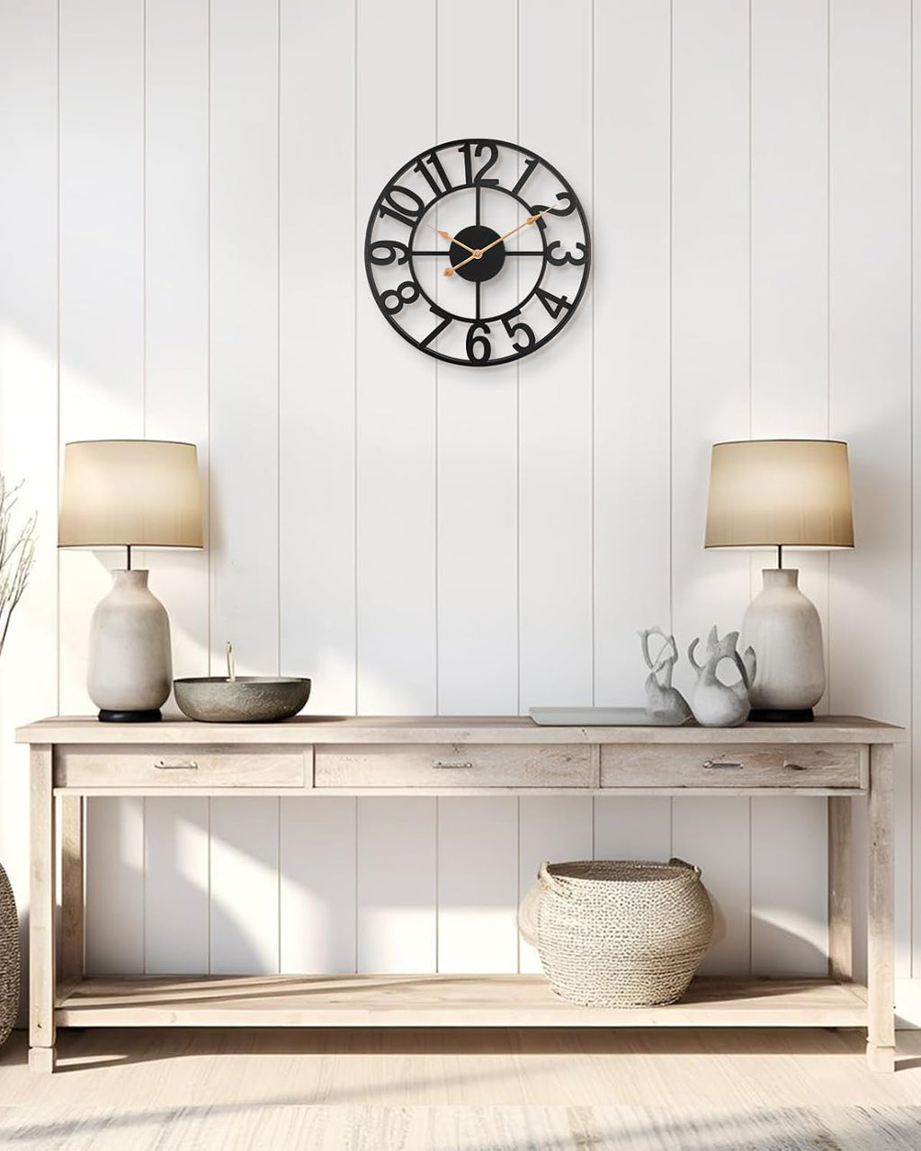 Modern Farmhouse Black Metal Wall Clock – Silent Battery Operated (Indoor/Outdoor, Large Analog Design)