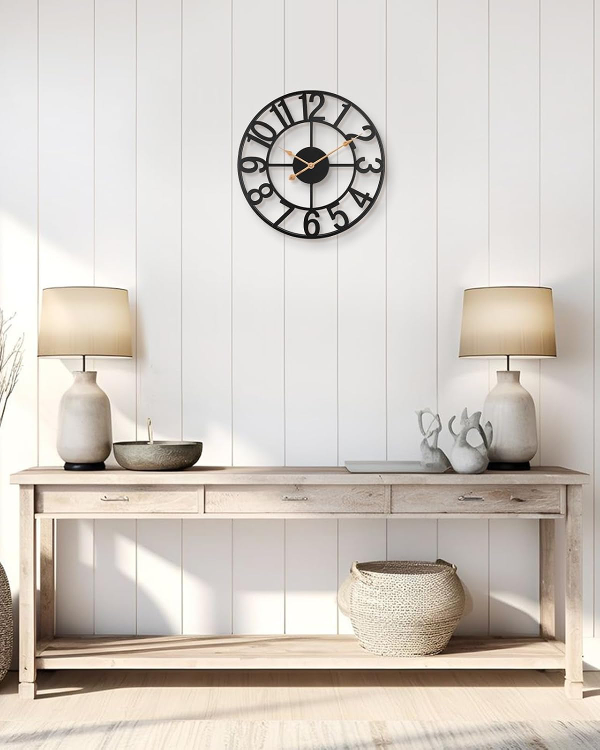 Modern Farmhouse Black Metal Wall Clock – Silent Battery Operated (Indoor/Outdoor, Large Analog Design)