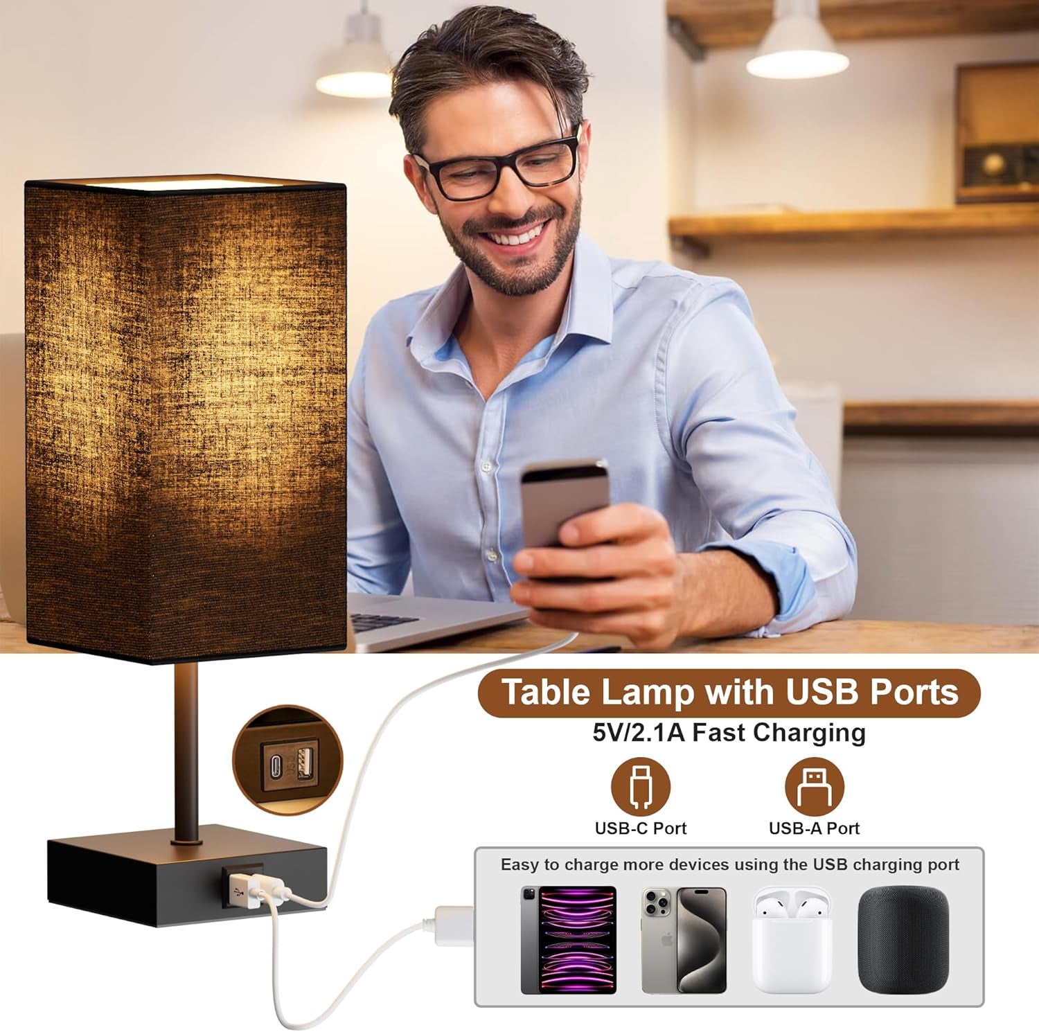 3-Way Dimmable Touch Table Lamp with USB Charging Ports – Black Bedside Lamp with Bulb Included