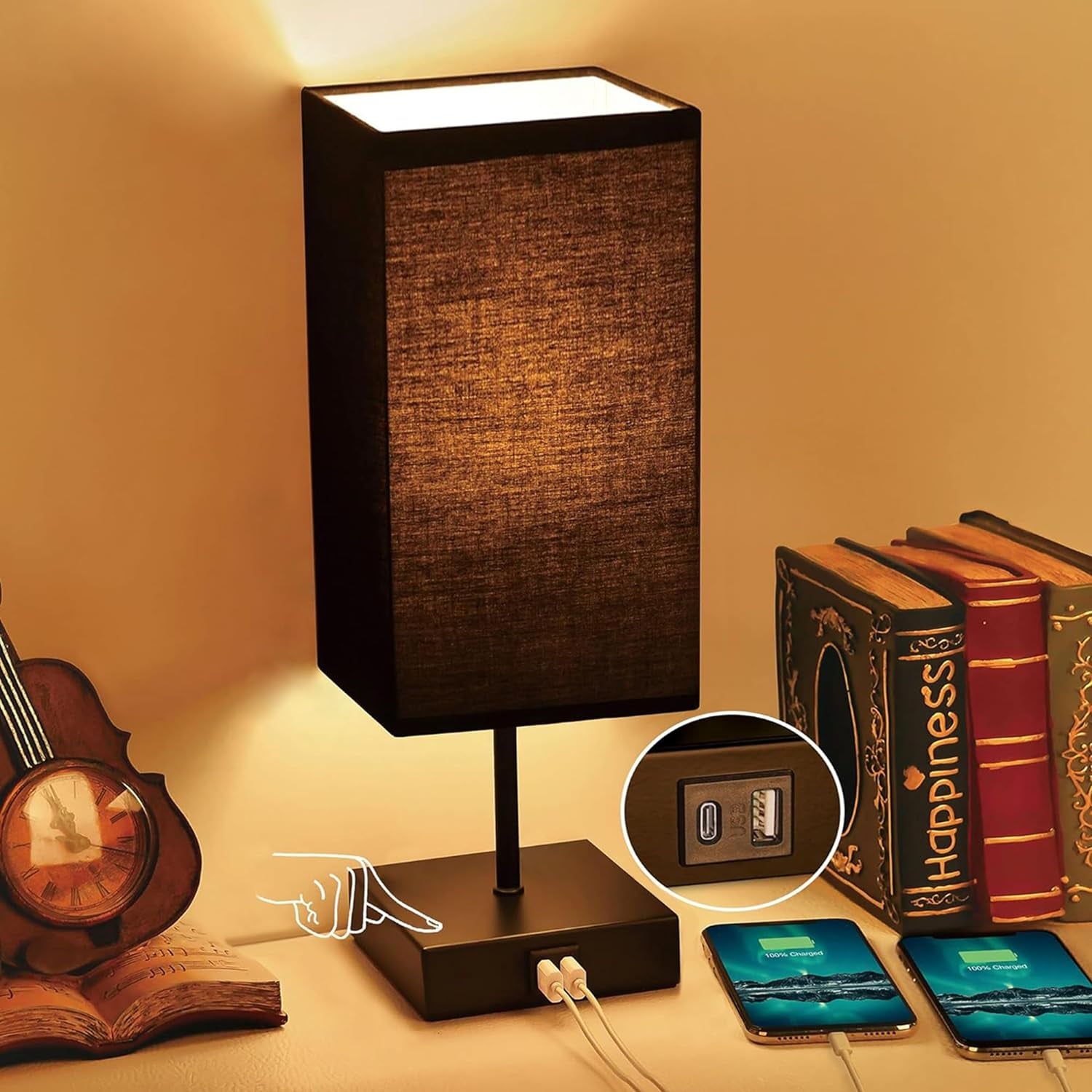 3-Way Dimmable Touch Table Lamp with USB Charging Ports – Black Bedside Lamp with Bulb Included