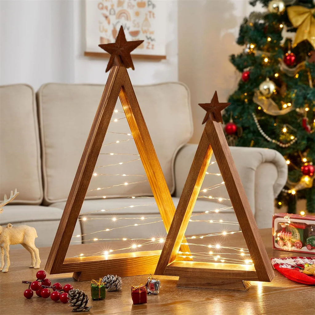Southern Bloom Wooden Lighted Christmas Trees – 2-Piece Modern Farmhouse Tabletop Décor Set for Mantels, Shelves & Holiday Displays