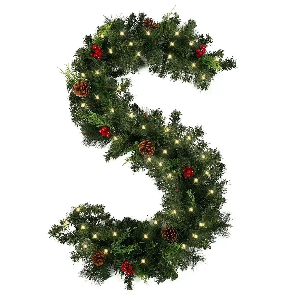 Southern Bloom Pre-Lit Christmas Garland with Pinecones & Red Berries – LED Artificial Rattan Wreath for Doors, Mantels, Trees & Stair Railings