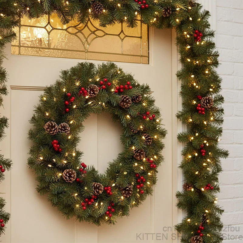 Southern Bloom 2.7M Pre-Lit Christmas Garland with Pinecones & Red Berries – Handmade Artificial Rattan Wreath for Doors, Mantels & Holiday Decor