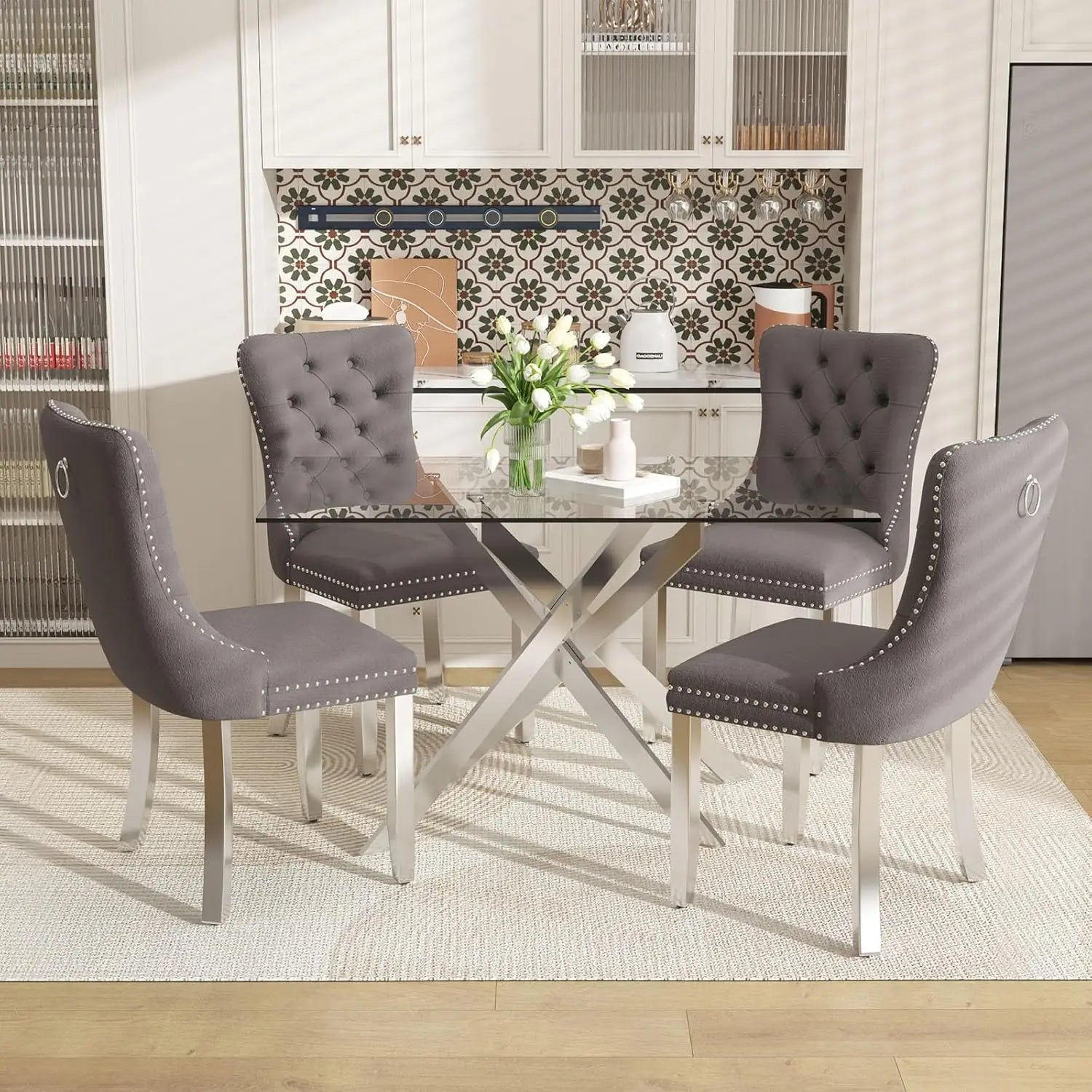 Southern Bloom 51‑Inch Glass Dining Table Set – 5‑Piece Modern Dining & Kitchen Ensemble with Rectangular Table and 4 Velvet Chairs