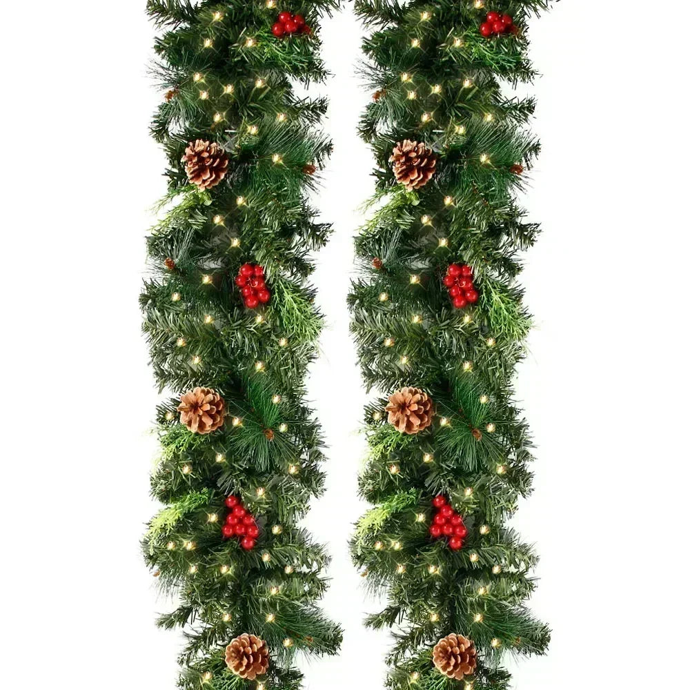Southern Bloom Pre-Lit Christmas Garland with Pinecones & Red Berries – LED Artificial Rattan Wreath for Doors, Mantels, Trees & Stair Railings
