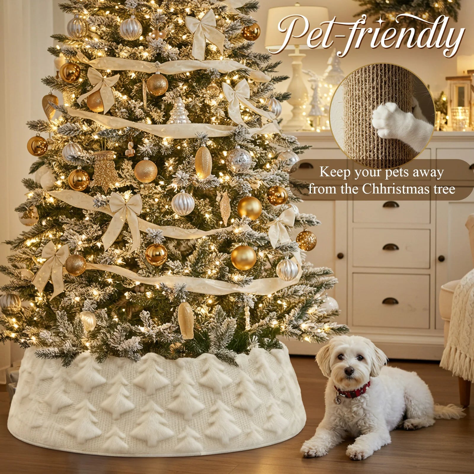 Southern Bloom White Faux Fur Christmas Tree Collar – Plush Tree Skirt Style Base Cover for 7.5ft–9ft Trees | Farmhouse Holiday Décor