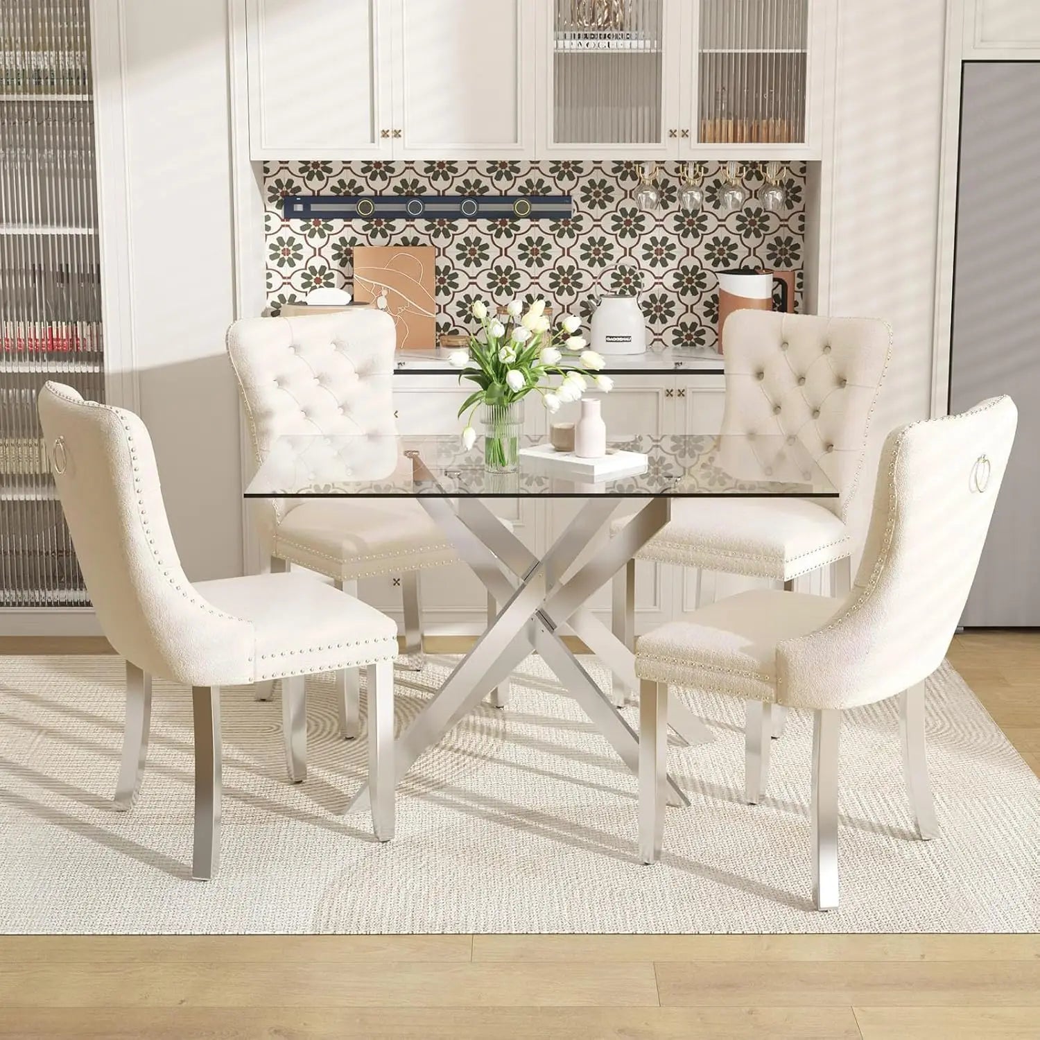 Southern Bloom 51‑Inch Glass Dining Table Set – 5‑Piece Modern Dining & Kitchen Ensemble with Rectangular Table and 4 Velvet Chairs