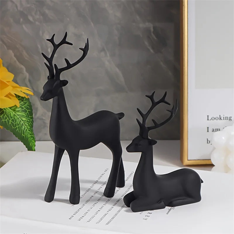 Modern Matte Black Reindeer Figurines