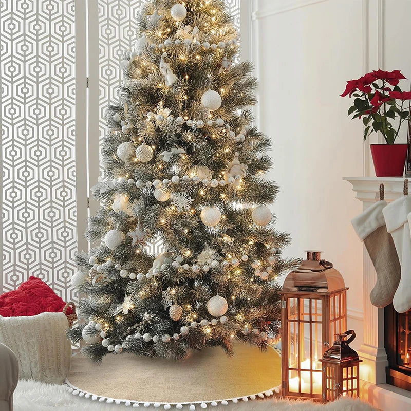 Rustic Burlap Christmas Tree Skirt with White Pom‑Pom Trim – Customizable Sizes