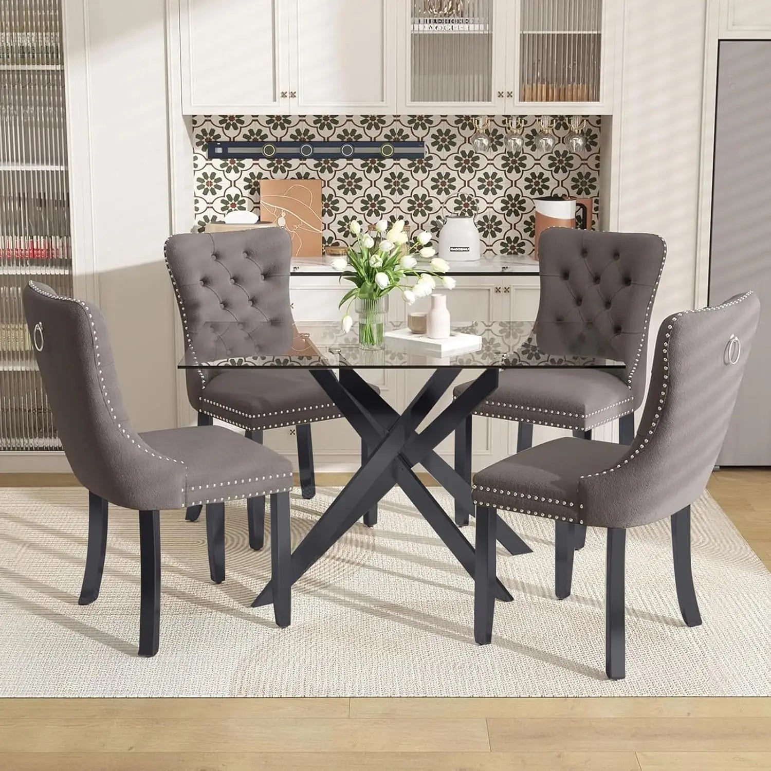 Southern Bloom 51‑Inch Glass Dining Table Set – 5‑Piece Modern Dining & Kitchen Ensemble with Rectangular Table and 4 Velvet Chairs