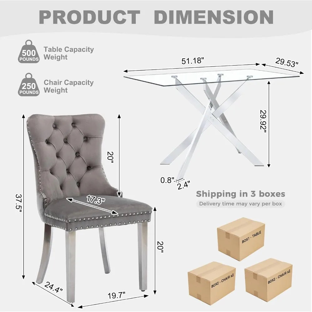 Southern Bloom 51‑Inch Glass Dining Table Set – 5‑Piece Modern Dining & Kitchen Ensemble with Rectangular Table and 4 Velvet Chairs