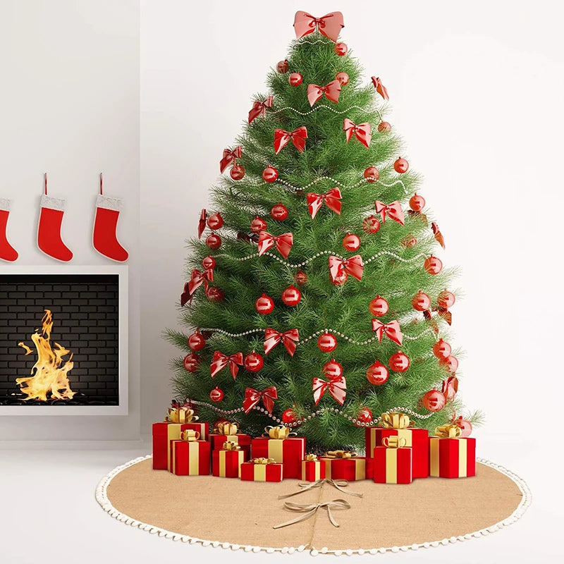 Rustic Burlap Christmas Tree Skirt with White Pom‑Pom Trim – Customizable Sizes