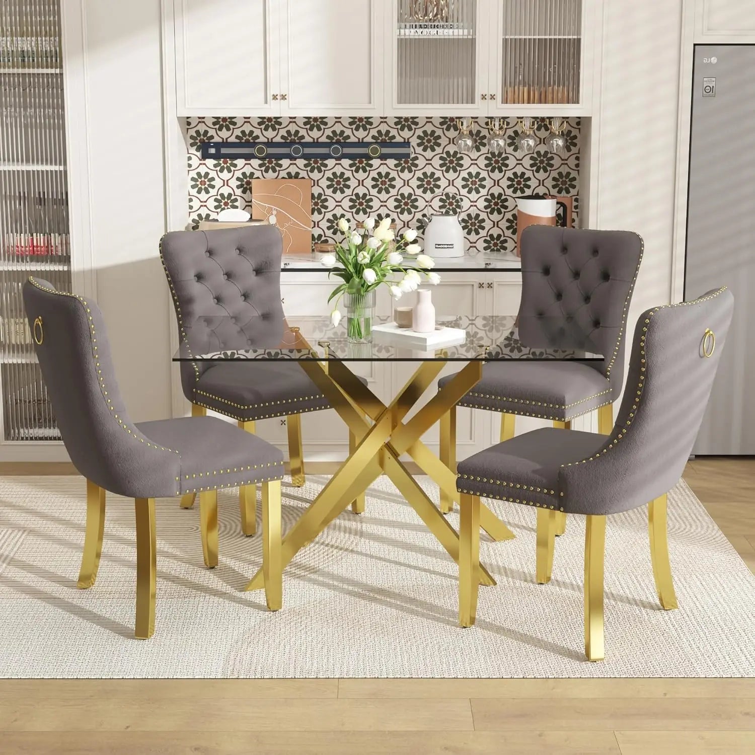 Southern Bloom 51‑Inch Glass Dining Table Set – 5‑Piece Modern Dining & Kitchen Ensemble with Rectangular Table and 4 Velvet Chairs