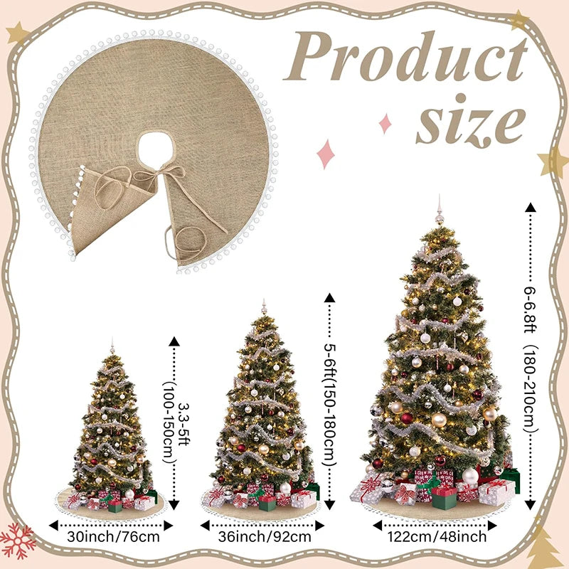 Rustic Burlap Christmas Tree Skirt with White Pom‑Pom Trim – Customizable Sizes