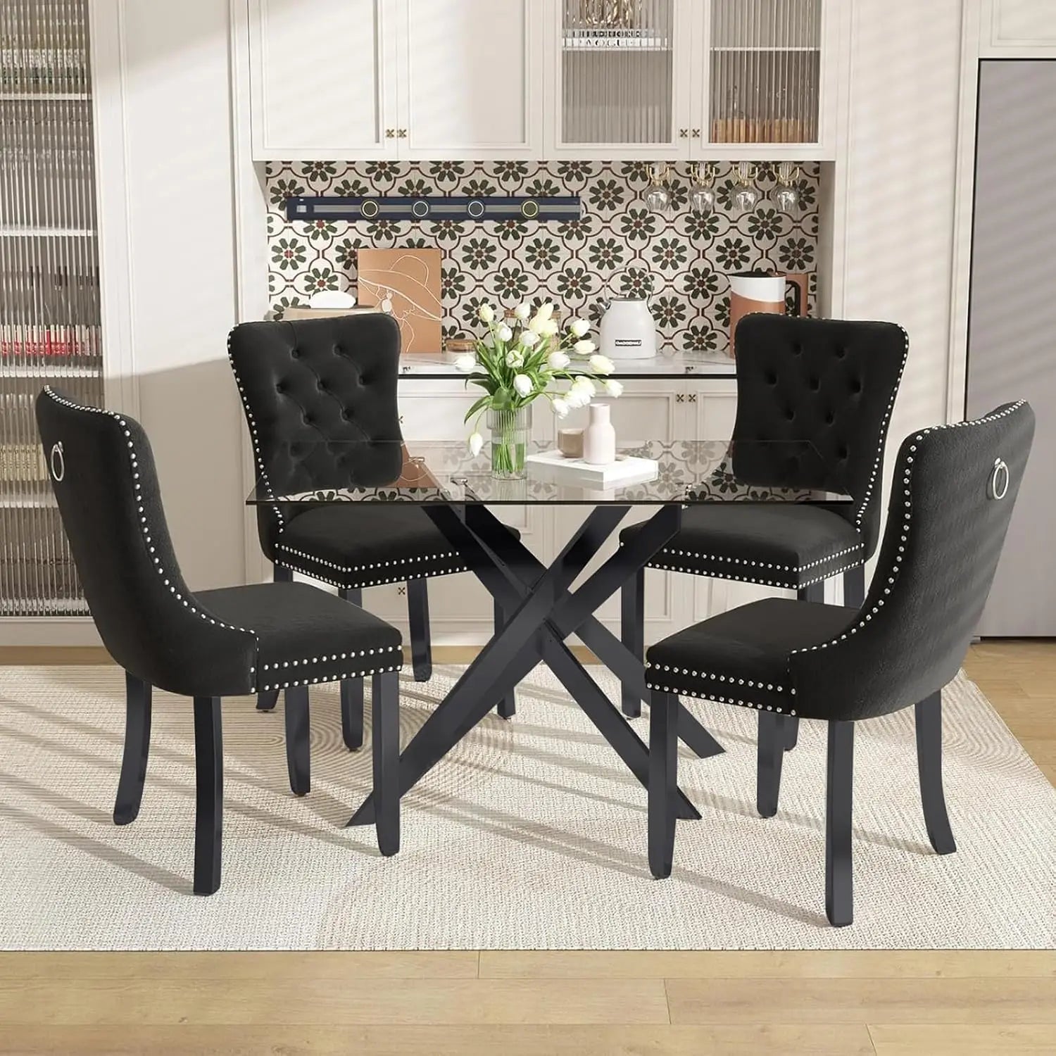 Southern Bloom 51‑Inch Glass Dining Table Set – 5‑Piece Modern Dining & Kitchen Ensemble with Rectangular Table and 4 Velvet Chairs