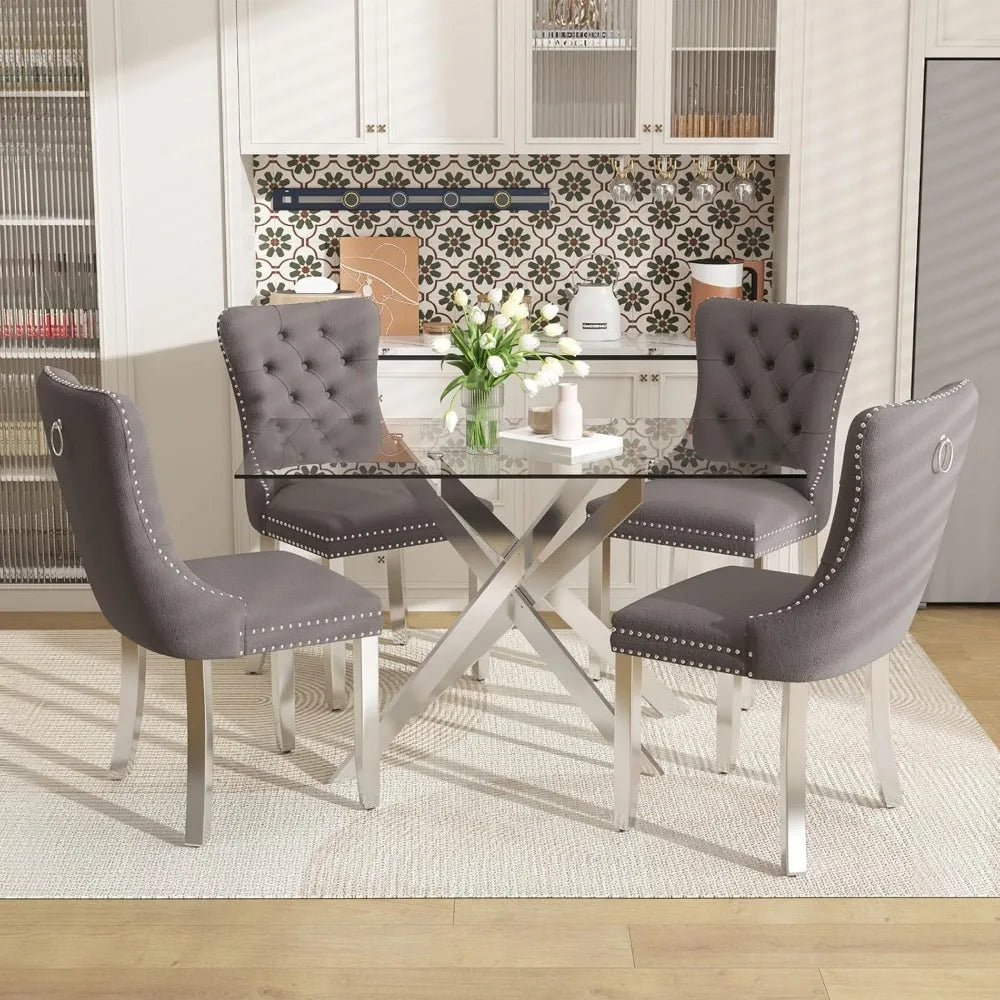 Southern Bloom 51‑Inch Glass Dining Table Set – 5‑Piece Modern Dining & Kitchen Ensemble with Rectangular Table and 4 Velvet Chairs