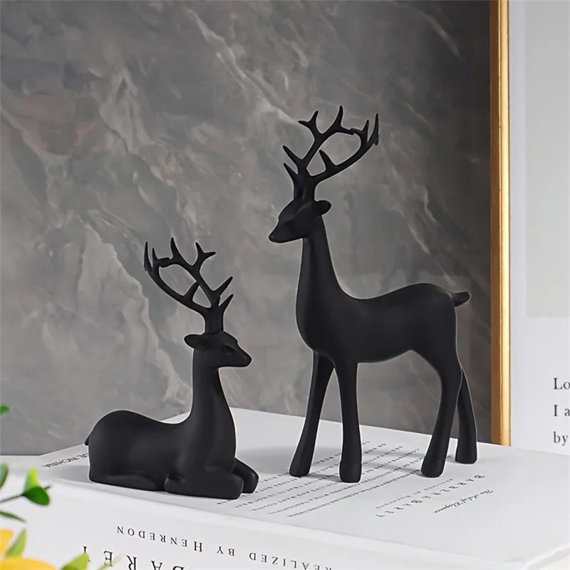 Modern Matte Black Reindeer Figurines