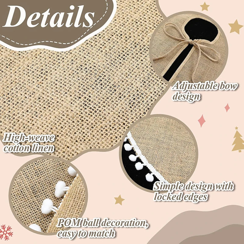Rustic Burlap Christmas Tree Skirt with White Pom‑Pom Trim – Customizable Sizes