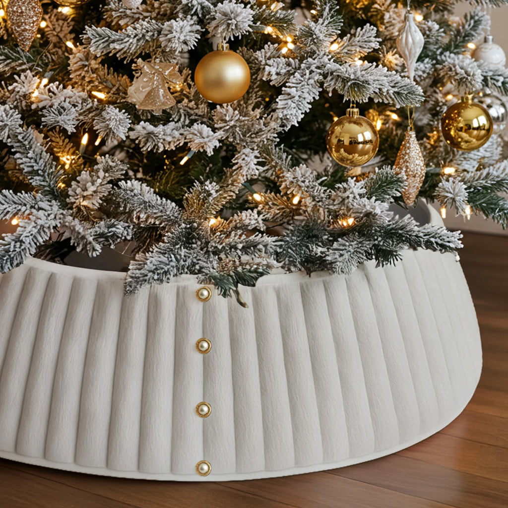 Southern Bloom White Faux Fur Christmas Tree Collar – Plush Tree Skirt Style Base Cover for 7.5ft–9ft Trees | Farmhouse Holiday Décor