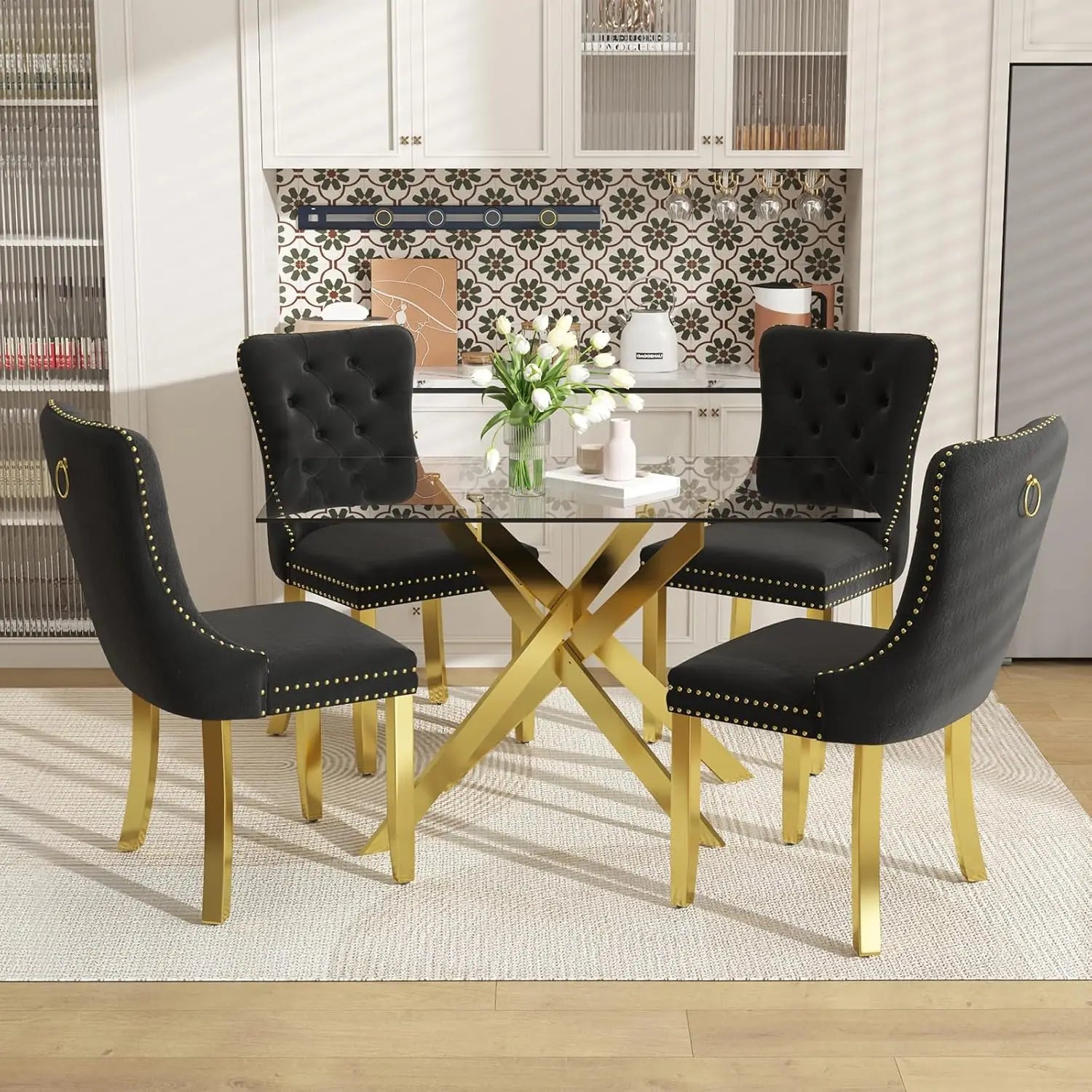 Southern Bloom 51‑Inch Glass Dining Table Set – 5‑Piece Modern Dining & Kitchen Ensemble with Rectangular Table and 4 Velvet Chairs