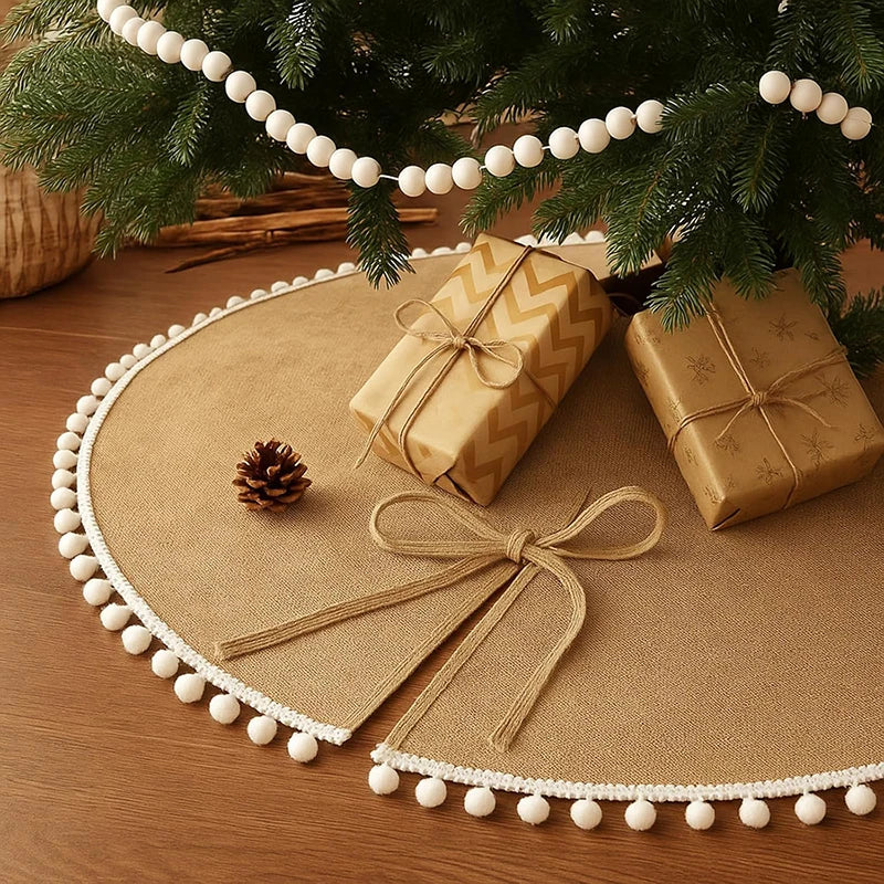 Rustic Burlap Christmas Tree Skirt with White Pom‑Pom Trim – Customizable Sizes