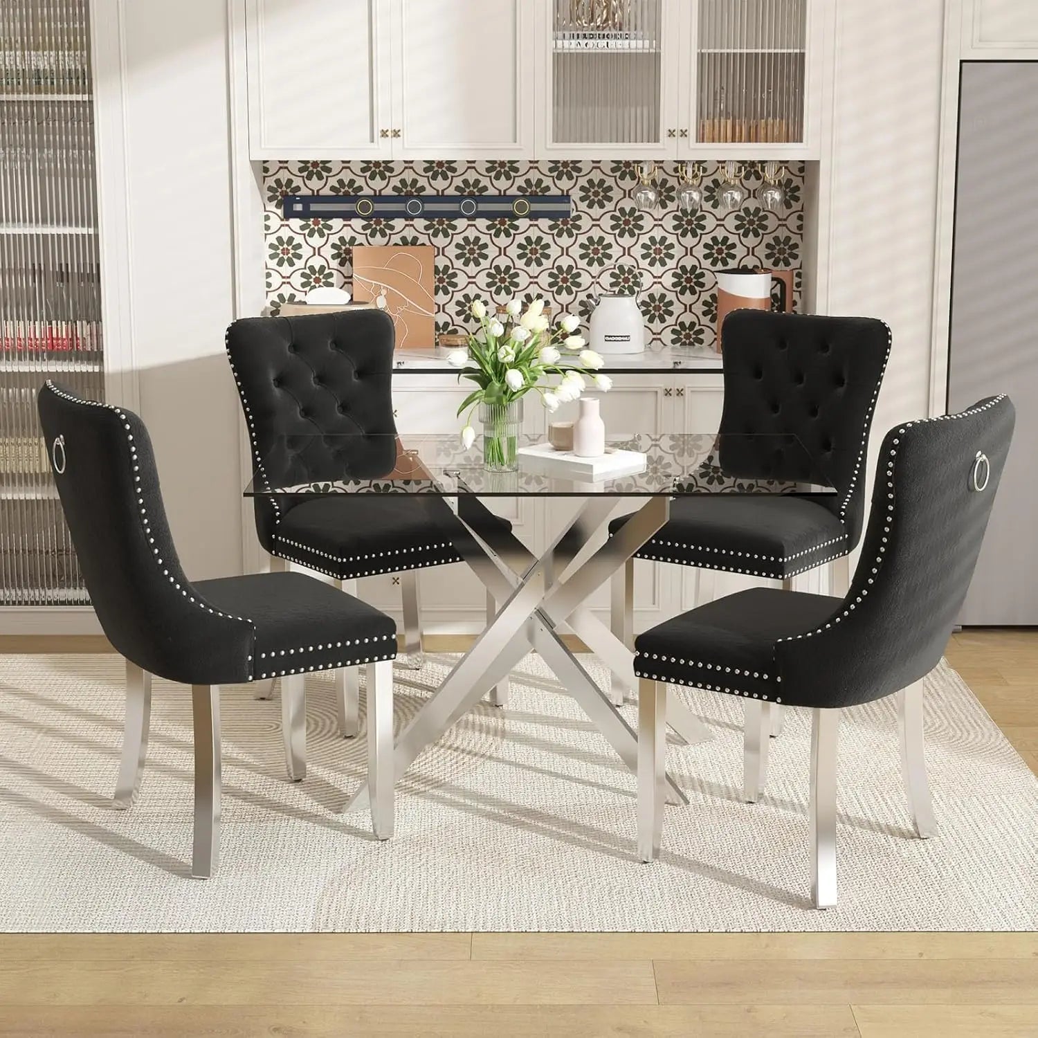 Southern Bloom 51‑Inch Glass Dining Table Set – 5‑Piece Modern Dining & Kitchen Ensemble with Rectangular Table and 4 Velvet Chairs