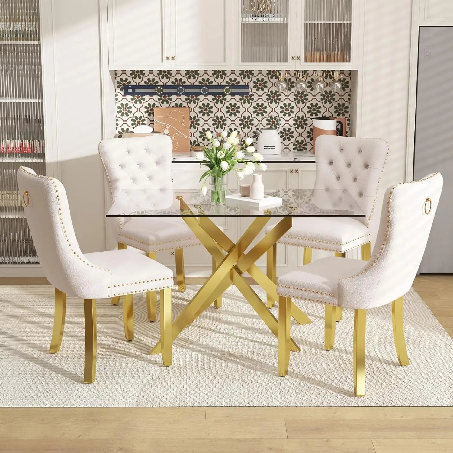Southern Bloom 51‑Inch Glass Dining Table Set – 5‑Piece Modern Dining & Kitchen Ensemble with Rectangular Table and 4 Velvet Chairs