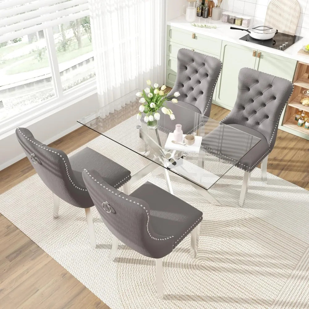 Southern Bloom 51‑Inch Glass Dining Table Set – 5‑Piece Modern Dining & Kitchen Ensemble with Rectangular Table and 4 Velvet Chairs