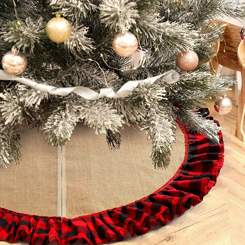 Rustic Burlap Christmas Tree Skirt with White Pom‑Pom Trim – Customizable Sizes