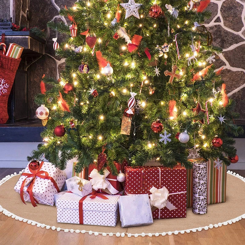 Rustic Burlap Christmas Tree Skirt with White Pom‑Pom Trim – Customizable Sizes