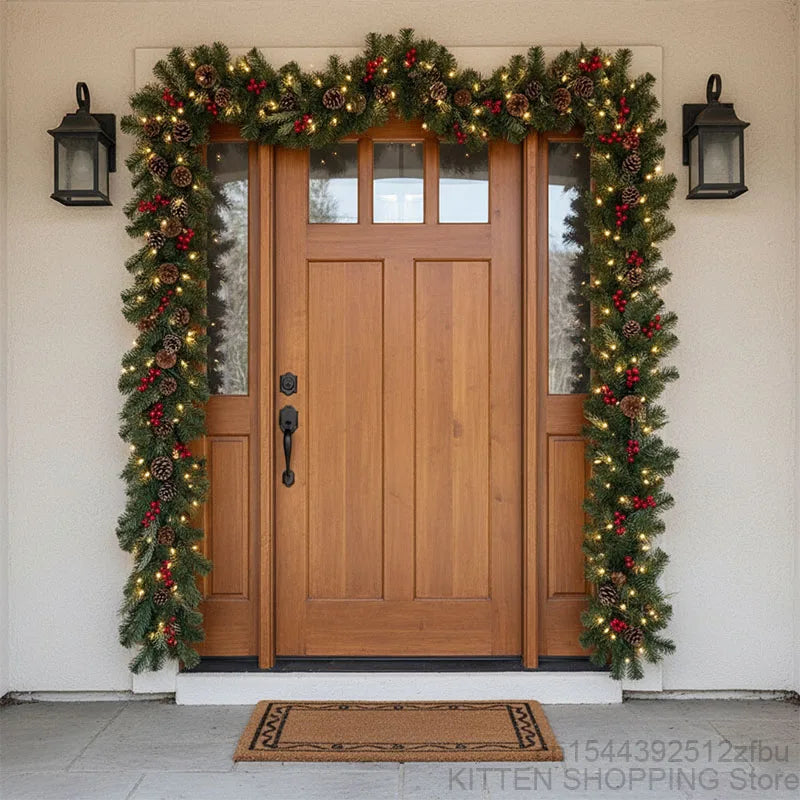 Southern Bloom 2.7M Pre-Lit Christmas Garland with Pinecones & Red Berries – Handmade Artificial Rattan Wreath for Doors, Mantels & Holiday Decor