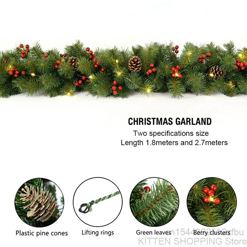 Southern Bloom 2.7M Pre-Lit Christmas Garland with Pinecones & Red Berries – Handmade Artificial Rattan Wreath for Doors, Mantels & Holiday Decor
