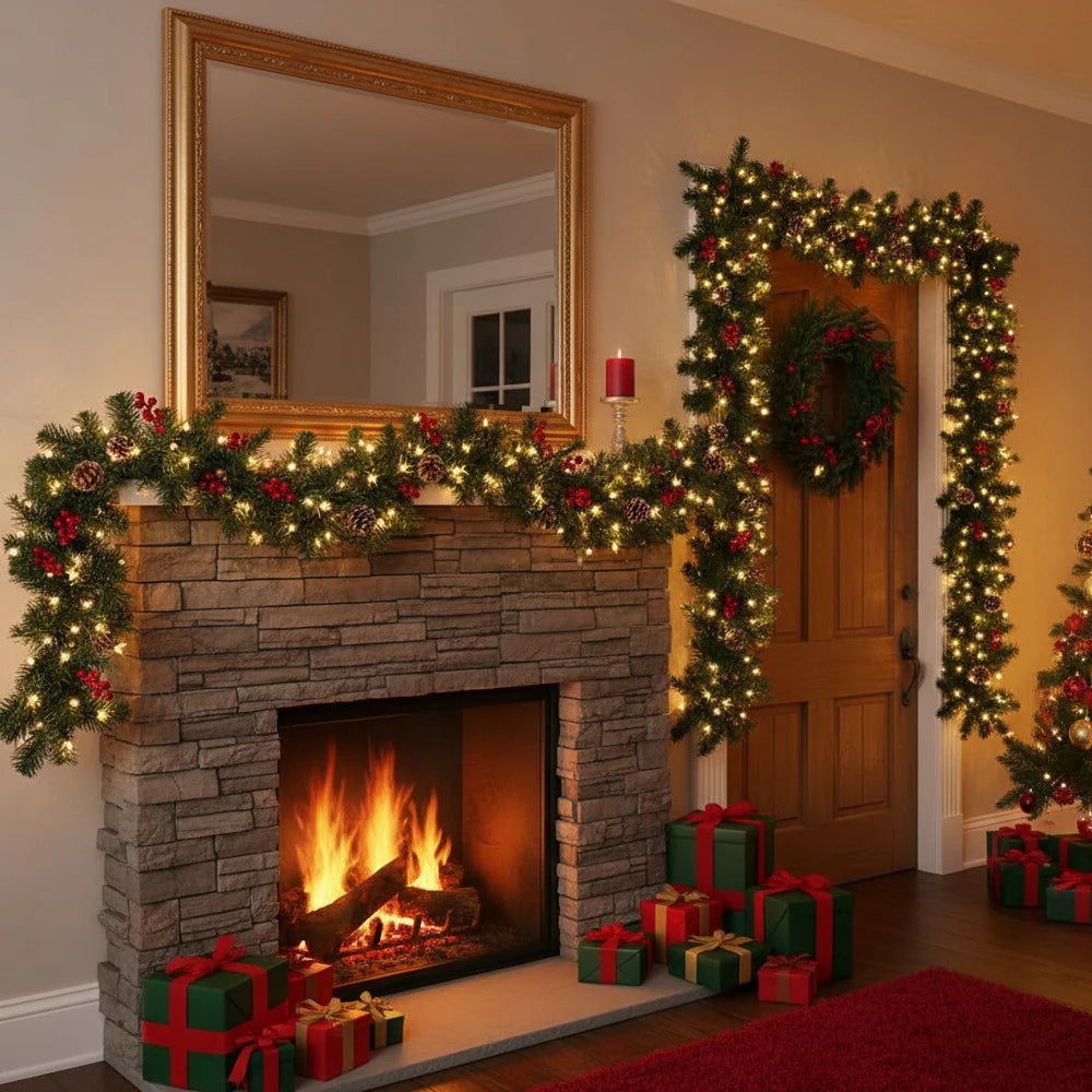 Southern Bloom Pre-Lit Christmas Garland with Pinecones & Red Berries – LED Artificial Rattan Wreath for Doors, Mantels, Trees & Stair Railings