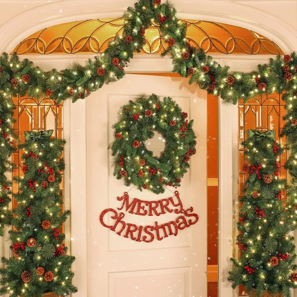 Southern Bloom Pre-Lit Christmas Garland with Pinecones & Red Berries – LED Artificial Rattan Wreath for Doors, Mantels, Trees & Stair Railings