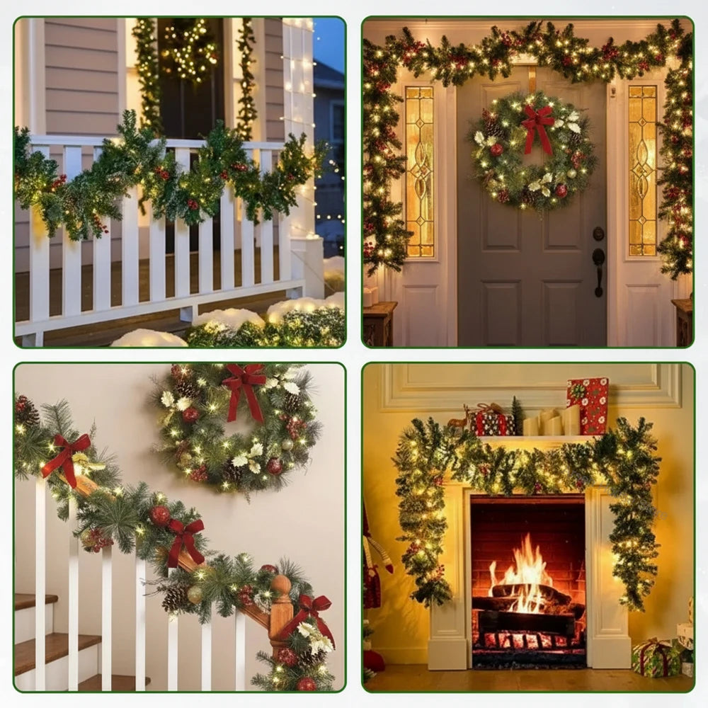 Southern Bloom Pre-Lit Christmas Garland with Pinecones & Red Berries – LED Artificial Rattan Wreath for Doors, Mantels, Trees & Stair Railings