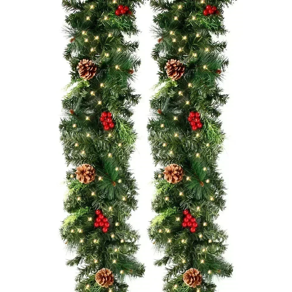 Southern Bloom Pre-Lit Christmas Garland with Pinecones & Red Berries – LED Artificial Rattan Wreath for Doors, Mantels, Trees & Stair Railings