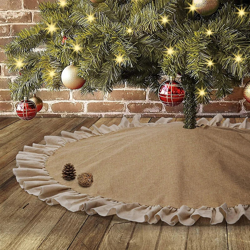 Rustic Burlap Christmas Tree Skirt with White Pom‑Pom Trim – Customizable Sizes