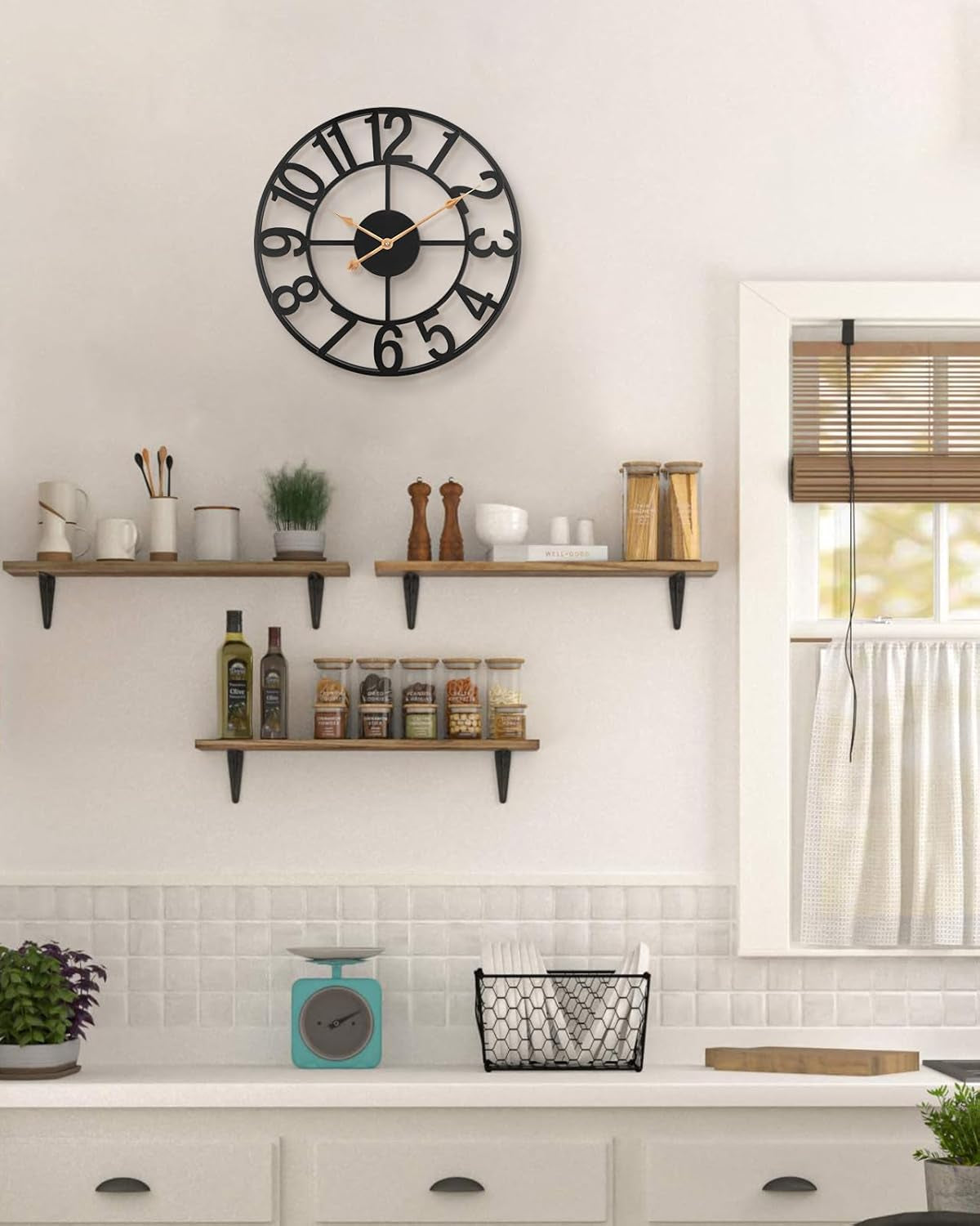 Modern Farmhouse Black Metal Wall Clock – Silent Battery Operated (Indoor/Outdoor, Large Analog Design)