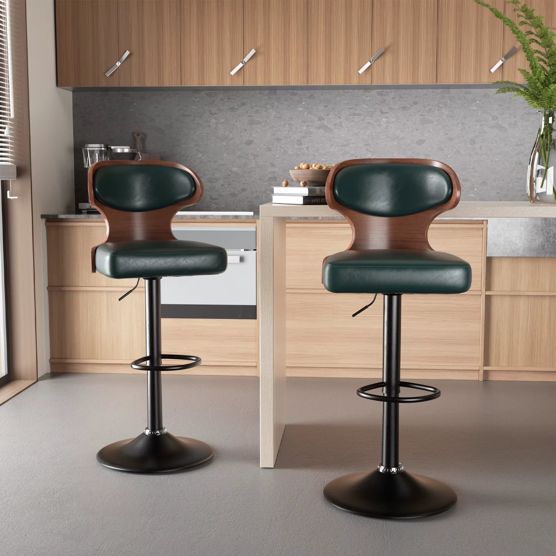 Bar Stool 2Pcs Set Backrest Footstool Dining Chair Solid Wood Rotating Bar Stools Pu Leather Soft Cushion Dinng Chair Home Furniture